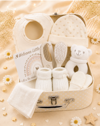 Cream - 9CXS21-C - Baby gift set in a cream suitcase-style keepsake case with bib, hat, mittens, bootees, muslin and rattle toy