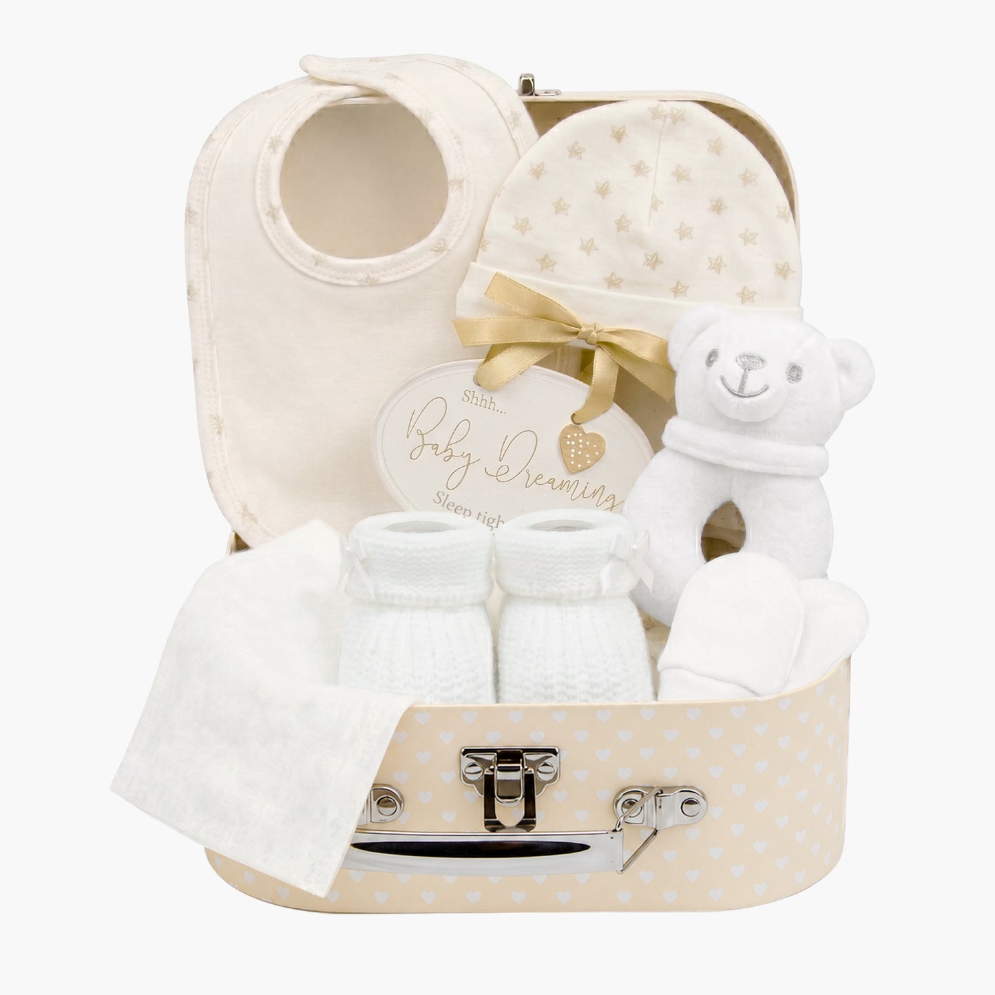 Cream, 9CXS21-C, Hero Shot,

8-piece newborn baby gift set in a cream suitcase-style keepsake case with bib, hat, mittens, bootees and bear rattle