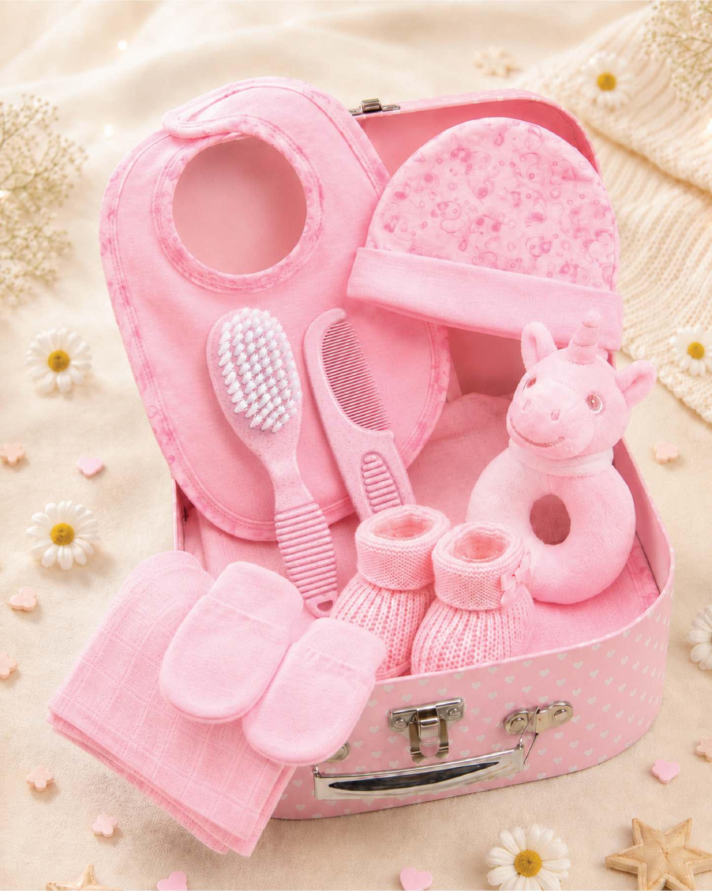 Pink - 9CXS21-P - Baby gift set in a pink suitcase-style keepsake case with bib, hat, mittens, bootees, muslin and rattle toy