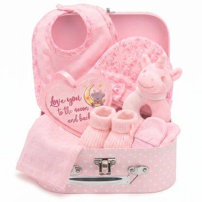 Pink, 9CXS21-P, Hero Shot,

8-piece newborn baby gift set in a pink suitcase-style keepsake case with bib, hat, mittens, bootees and bunny rattle