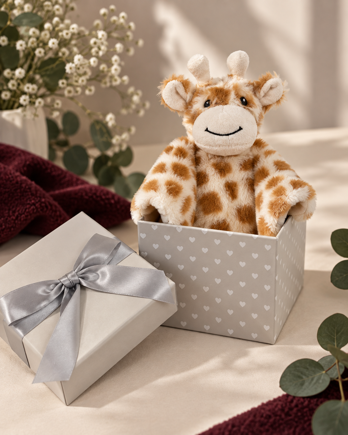 Giraffe , 9GQ70 , Hero Shot ,

Plush giraffe baby comforter, approximately 36 x 36cm, with its cube gift box