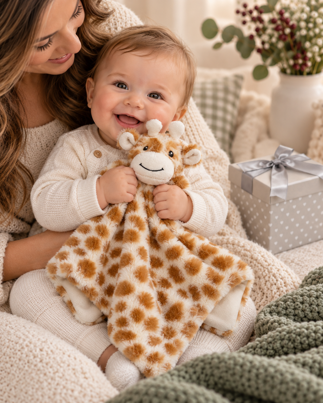 Giraffe , 9GQ70 , Lifestyle Shot ,

Mother and baby playing with the plush giraffe comforter