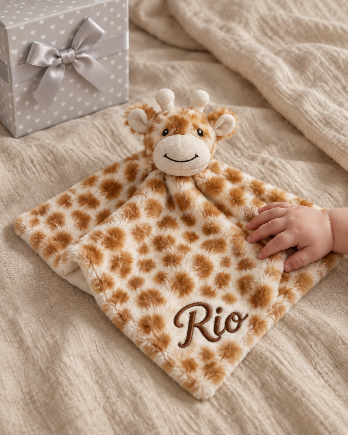 Giraffe , 9GQ70-EMB , Personalised Shot ,

Plush giraffe baby comforter with an embroidered name