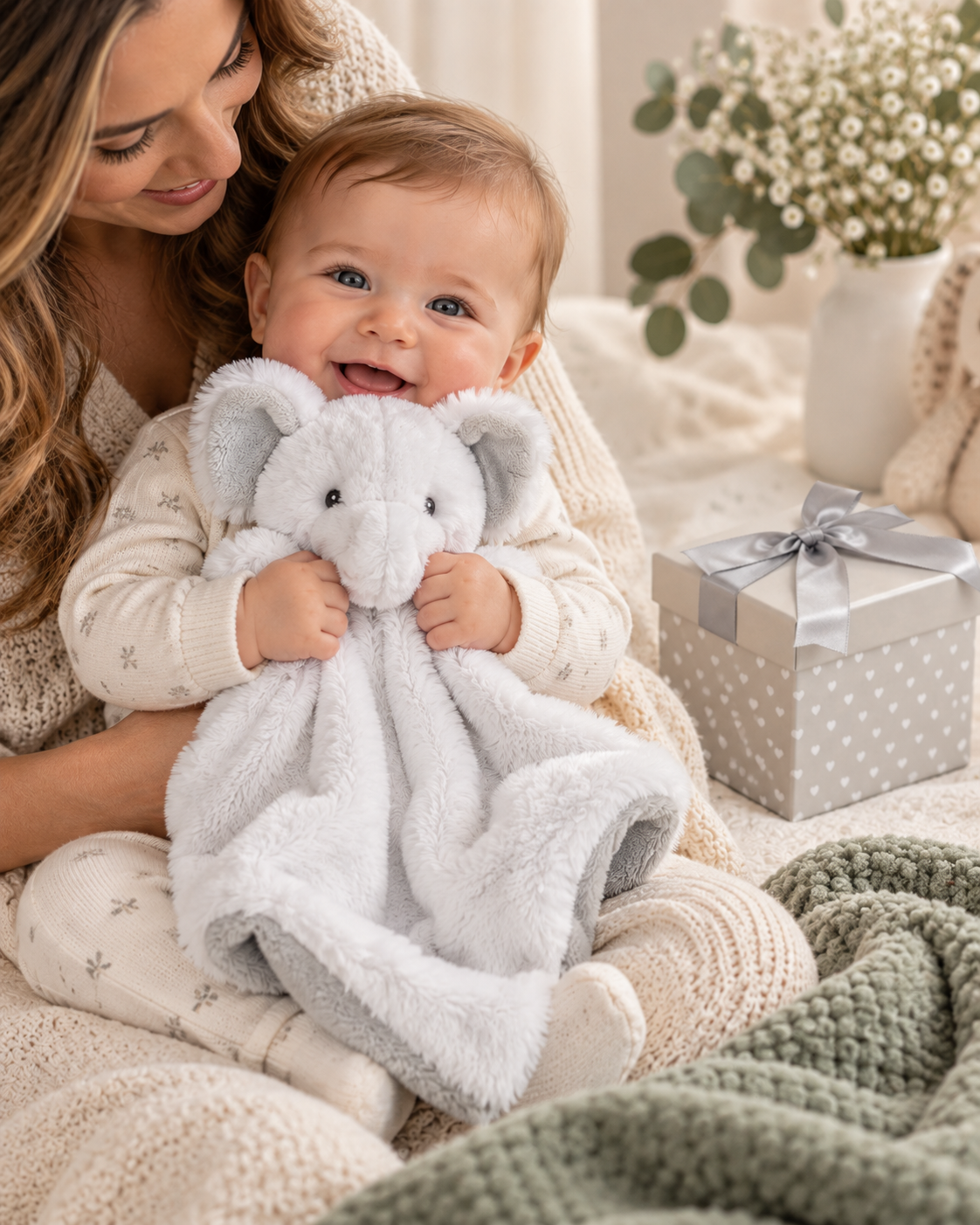 Elephant , 9GQ72 , Lifestyle Shot ,

Mother and baby playing with the plush elephant comforter