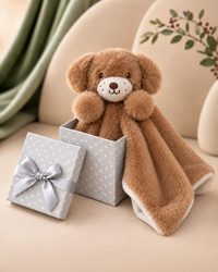 Puppy , 9GQ74 , Hero Shot ,

Plush puppy baby comforter, approximately 36 x 36cm, with its cube gift box