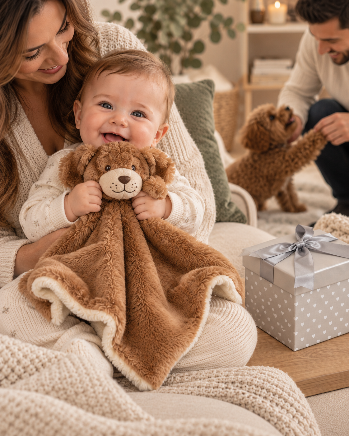 Puppy , 9GQ74 , Lifestyle Shot ,

Mother and baby playing with the plush puppy comforter