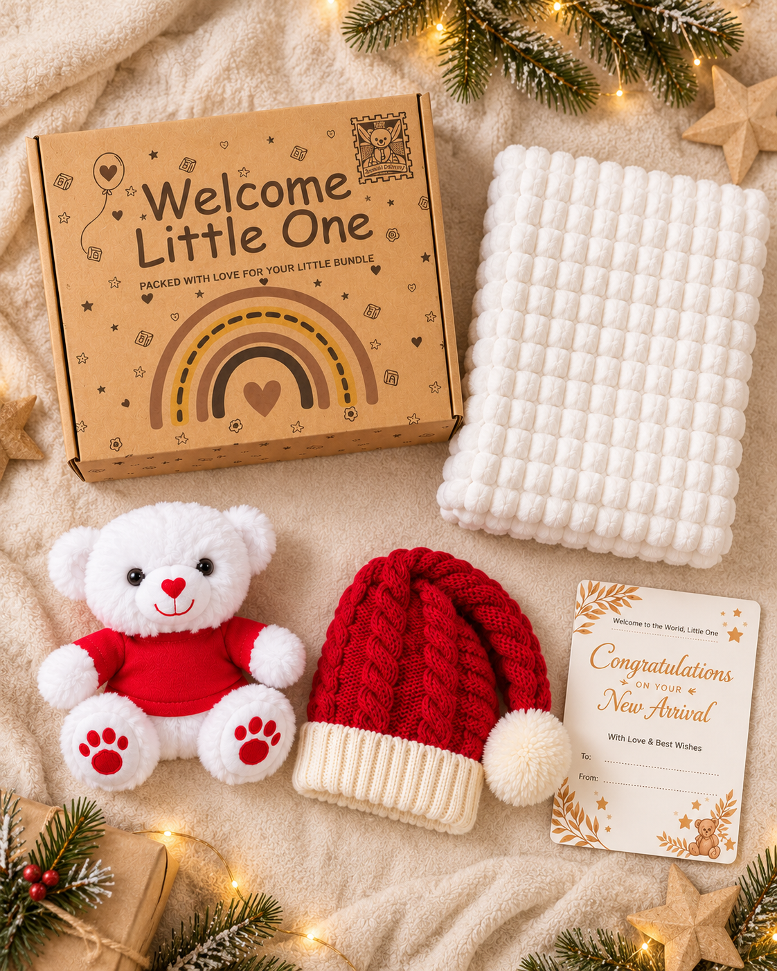 9PZ08-X , Contents Flat Lay ,

Every item laid out — red knitted santa hat, teddy in a red t-shirt, white waffle blanket and gift card