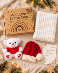 9PZ08-X , Contents Flat Lay ,

Every item laid out — red knitted santa hat, teddy in a red t-shirt, white waffle blanket and gift card
