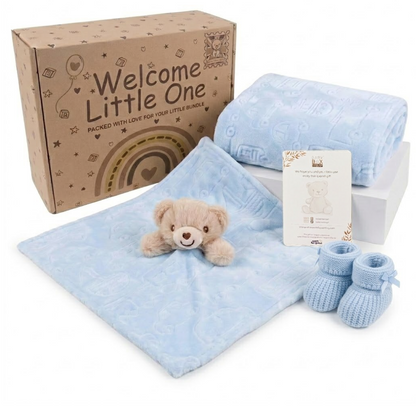 Blue, 9PZ305-B, Hero Shot,

Bear comforter, car-embossed flannel wrap and blue knitted bootees with the printed gift box