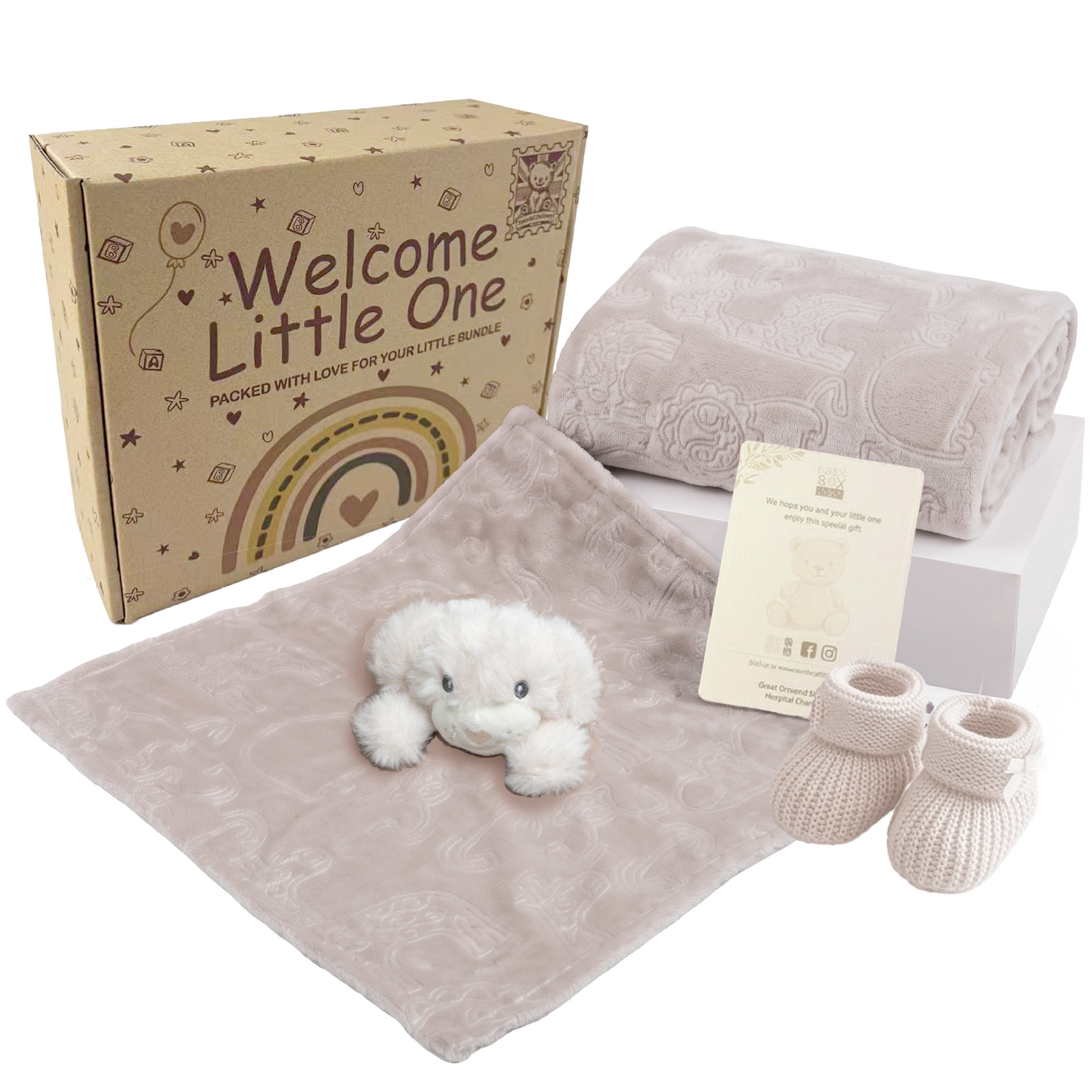 Biscuit, 9PZ305-BI, Hero Shot,

Puppy comforter, animal-embossed flannel wrap and biscuit knitted bootees with the printed gift box