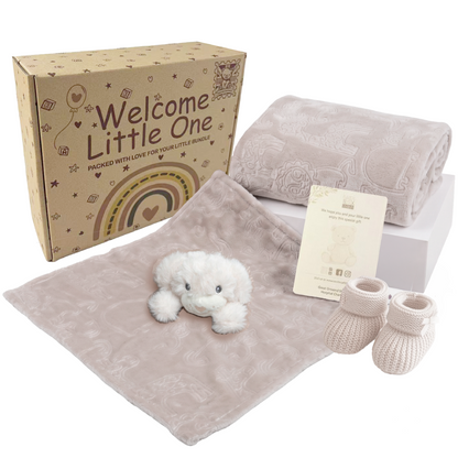 Biscuit, 9PZ305-BI, Hero Shot,

Puppy comforter, animal-embossed flannel wrap and biscuit knitted bootees with the printed gift box