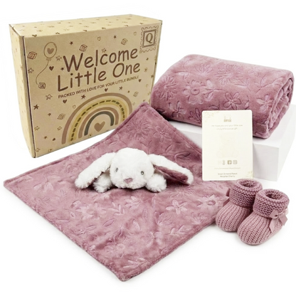 Dusty Pink, 9PZ305-DP, Hero Shot,

Bunny comforter, floral-embossed flannel wrap and dusty pink knitted bootees with the printed gift box