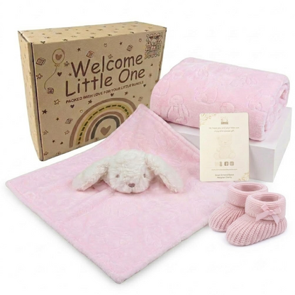 Pink, 9PZ305-P, Hero Shot,

Bunny comforter, bunny-embossed flannel wrap and pink knitted bootees with the printed gift box