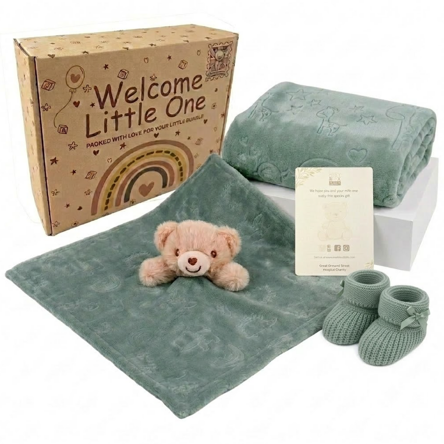 Sage Green, 9PZ305-SG, Hero Shot,

Animal comforter, animal-embossed flannel wrap and sage green knitted bootees with the printed gift box
