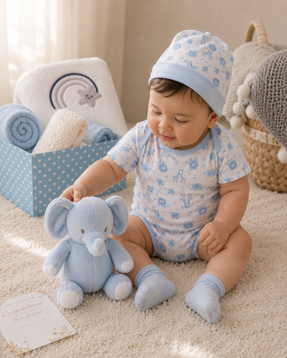 Blue - 9TR40-B - Baby holding the recycled-fibre animal soft toy from the blue hamper set