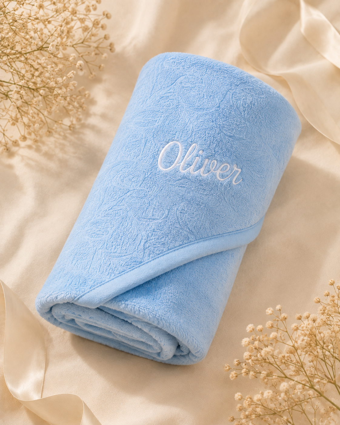 Blue - EMB - 9TR40-B-EMB - Close-up of the blue fleece blanket with embroidered personalisation