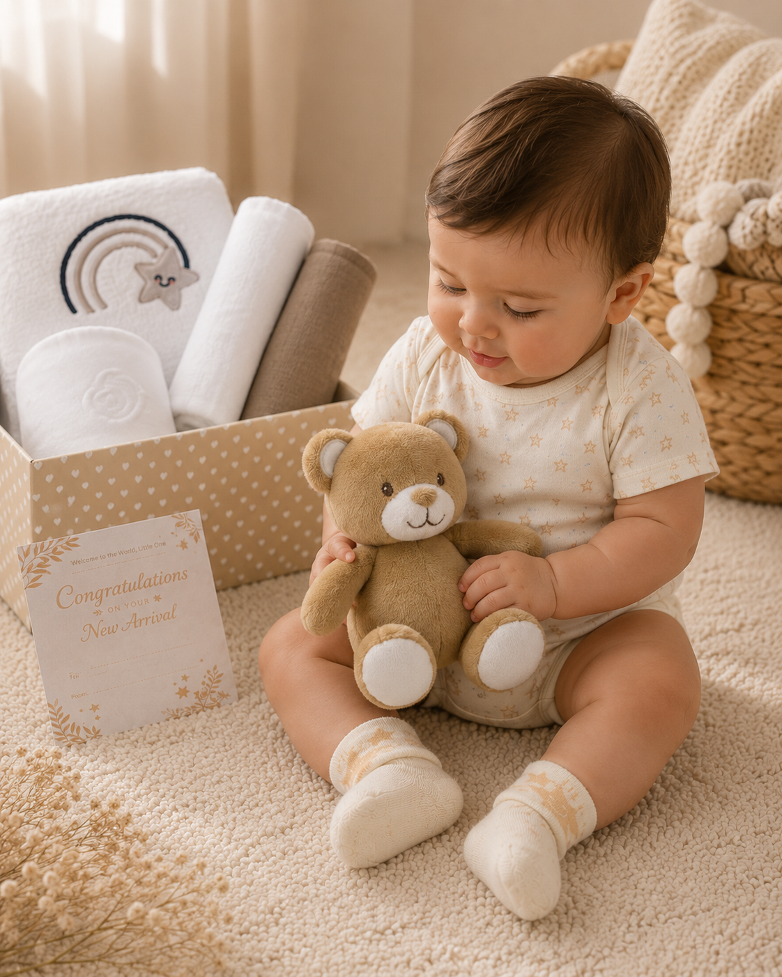 Cream - 9TR40-C - Baby playing with the bear soft toy, with the cream hamper tray behind showing the gift card, muslins and hooded towel