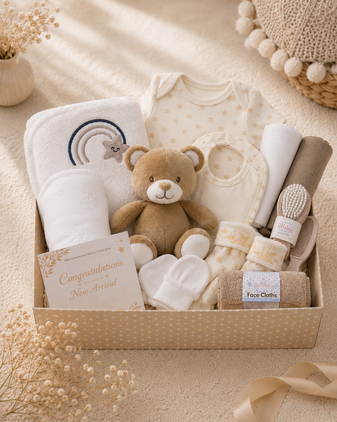 Cream - 9TR40-C - Baby gift hamper in a cream presentation tray with cotton bodysuit, bib, hat, mittens, hooded towel, muslins and a soft toy
