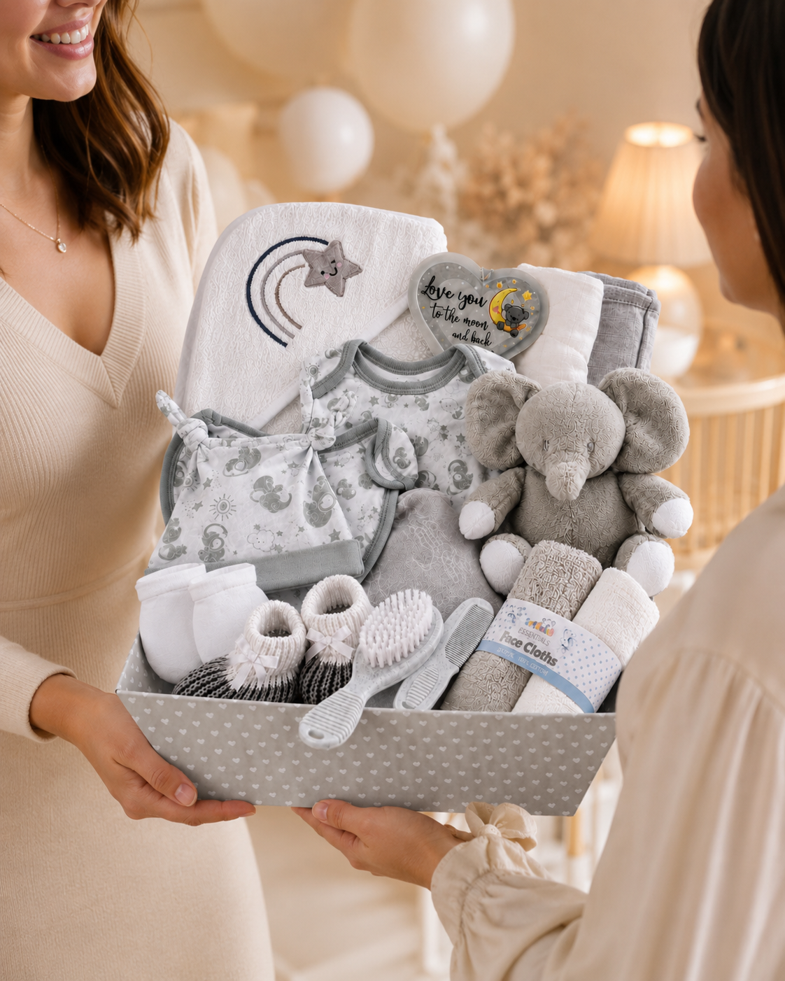 Grey - 9TR40-G - The grey hamper tray being handed over as a gift at a baby shower