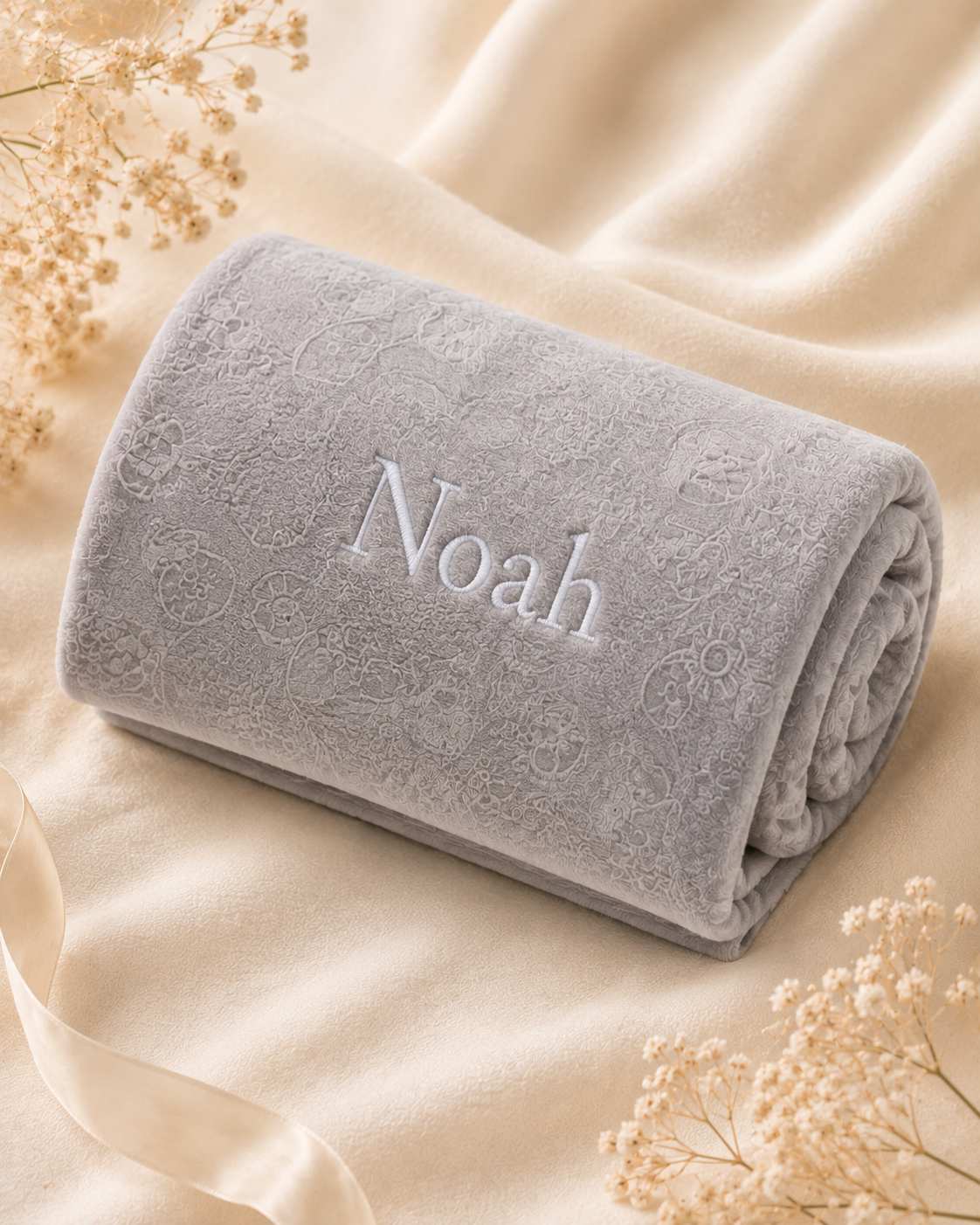 Grey - EMB - 9TR40-G-EMB - Close-up of the grey fleece blanket with embroidered personalisation