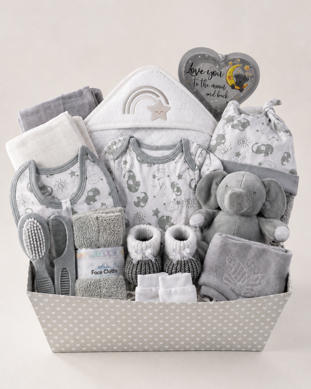 Grey - 9TR40-G - Baby gift hamper in a grey presentation tray with cotton bodysuit, bib, hat, mittens, hooded towel, muslins and a soft toy