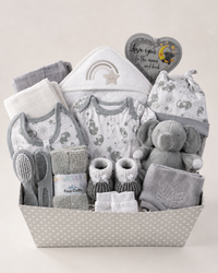 Grey - 9TR40-G - Baby gift hamper in a grey presentation tray with cotton bodysuit, bib, hat, mittens, hooded towel, muslins and a soft toy
