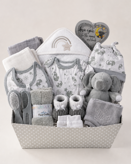 Grey - 9TR40-G - Baby gift hamper in a grey presentation tray with cotton bodysuit, bib, hat, mittens, hooded towel, muslins and a soft toy