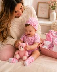 Pink , 9TR40-P , Lifestyle Shot ,

Baby playing with the pink bear soft toy, mother alongside and the filled hamper tray to the right
