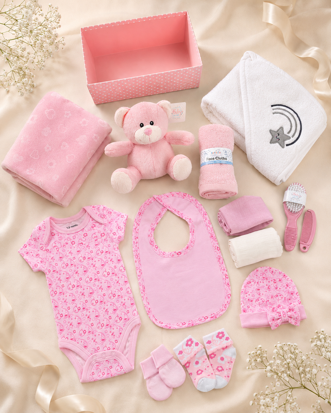 Pink , 9TR40-P , Contents Flat Lay ,

Every item from the hamper laid out flat — bear soft toy, fleece wrap, socks, bodysuit, white and pink muslins, brush and comb set, bib, white hooded towel and the pink box