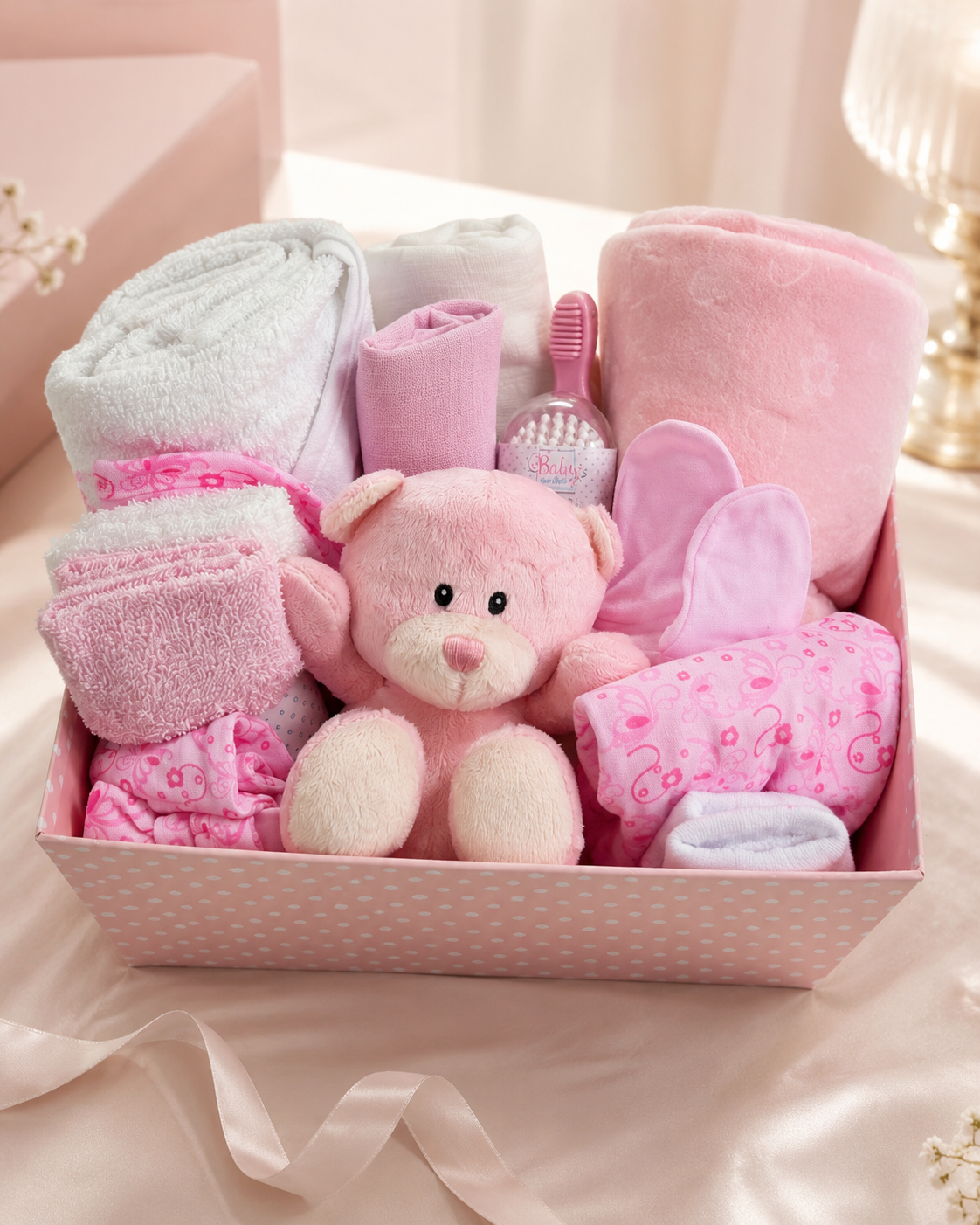 Pink , 9TR40-P , Hero Shot ,

Pink hamper tray with a bear soft toy at the centre, white and pink muslins, mittens, brush and comb set, fleece wrap, washcloth, white hooded towel, bodysuit, hat, socks and bib