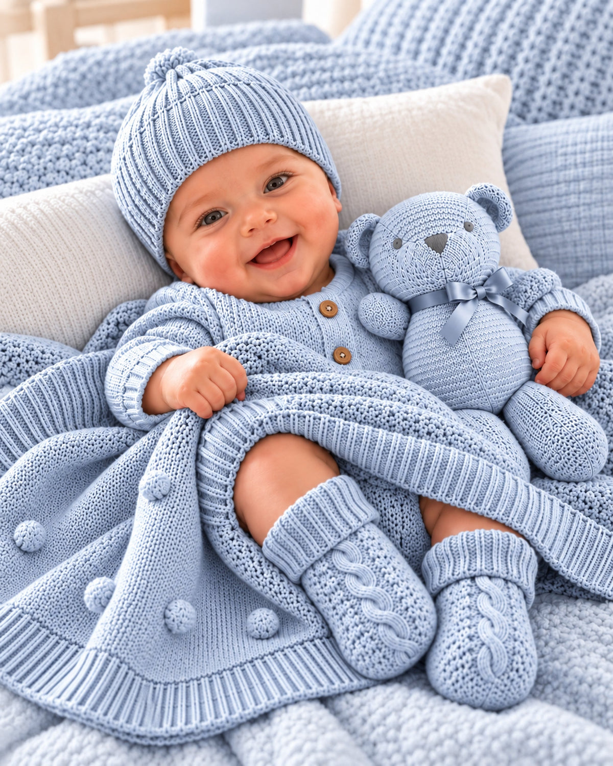 Blue 9XB720-B knitted cotton baby gift set in use: smiling baby wearing blue knitted beanie and booties beside matching teddy and blanket