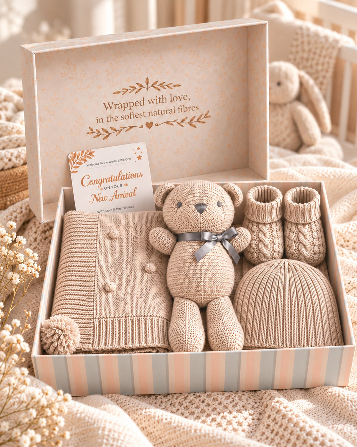 Biscuit , 9XB720-BI , Hero Shot ,

Knitted cotton baby gift set in biscuit, with a cotton blanket, hat, bootees and teddy bear in an open deluxe gift box