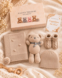 Biscuit , 9XB720-BI , Contents Flat Lay ,

Flat lay of the knitted cotton gift set contents in biscuit beside the deluxe gift box and gift card