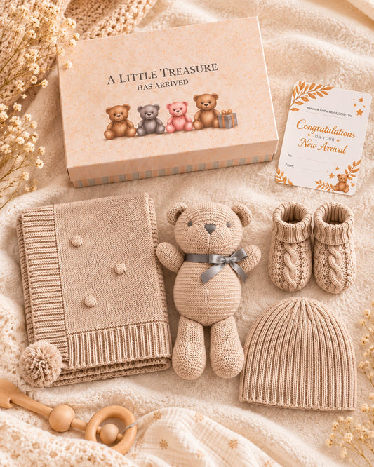 Biscuit , 9XB720-BI , Contents Flat Lay ,

Flat lay of the knitted cotton gift set contents in biscuit beside the deluxe gift box and gift card