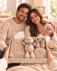 Biscuit , 9XB720-BI , Gift Scene Shot ,

The biscuit knitted cotton gift box being handed over as a present to new parents