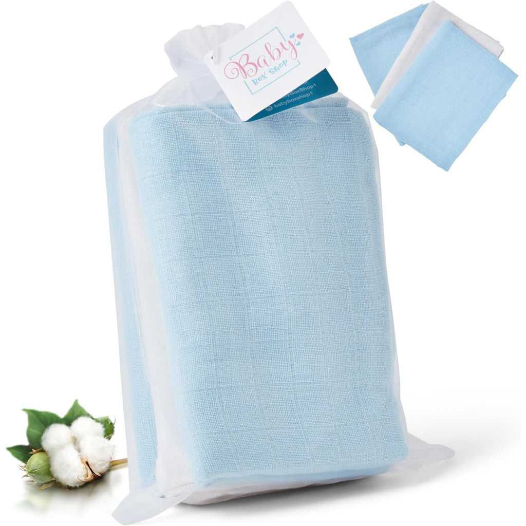 100% Cotton Muslin Cloths Baby Essentials 2 x Blue 1 x White (Pack of 3)