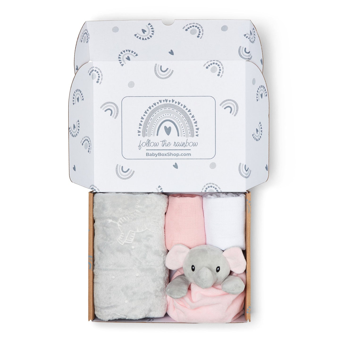 Baby Gift Set Includes Baby Shower Gifts Pink Elephant Comforter, Fleece Baby Blanket, 2 x Muslin Clothes & Gift Card Presented in a Lovely Custom Made Box