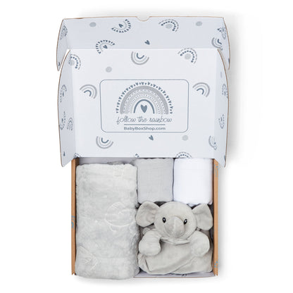 Baby Gift Set Includes Baby Shower Gifts Grey Elephant Comforter, Fleece Baby Blanket, 2 x Muslin Clothes & Gift Card Presented in a Lovely Custom Made Box