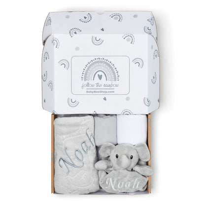 Personalised Baby Gift Set Includes Baby Shower Gifts with Personalised Comforter, Personalised Fleece Baby Blanket, 2 x Muslin Clothes & Gift Card - Grey