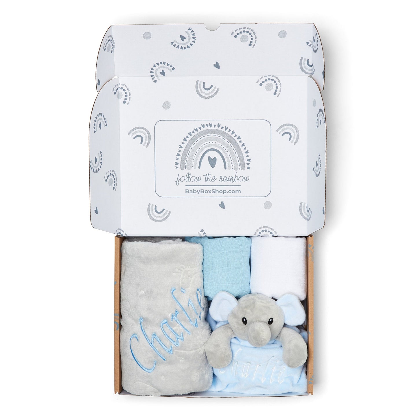 Personalised Baby Gift Set Includes Baby Shower Gifts with Personalised Comforter, Personalised Fleece Baby Blanket, 2 x Muslin Clothes & Gift Card - Blue