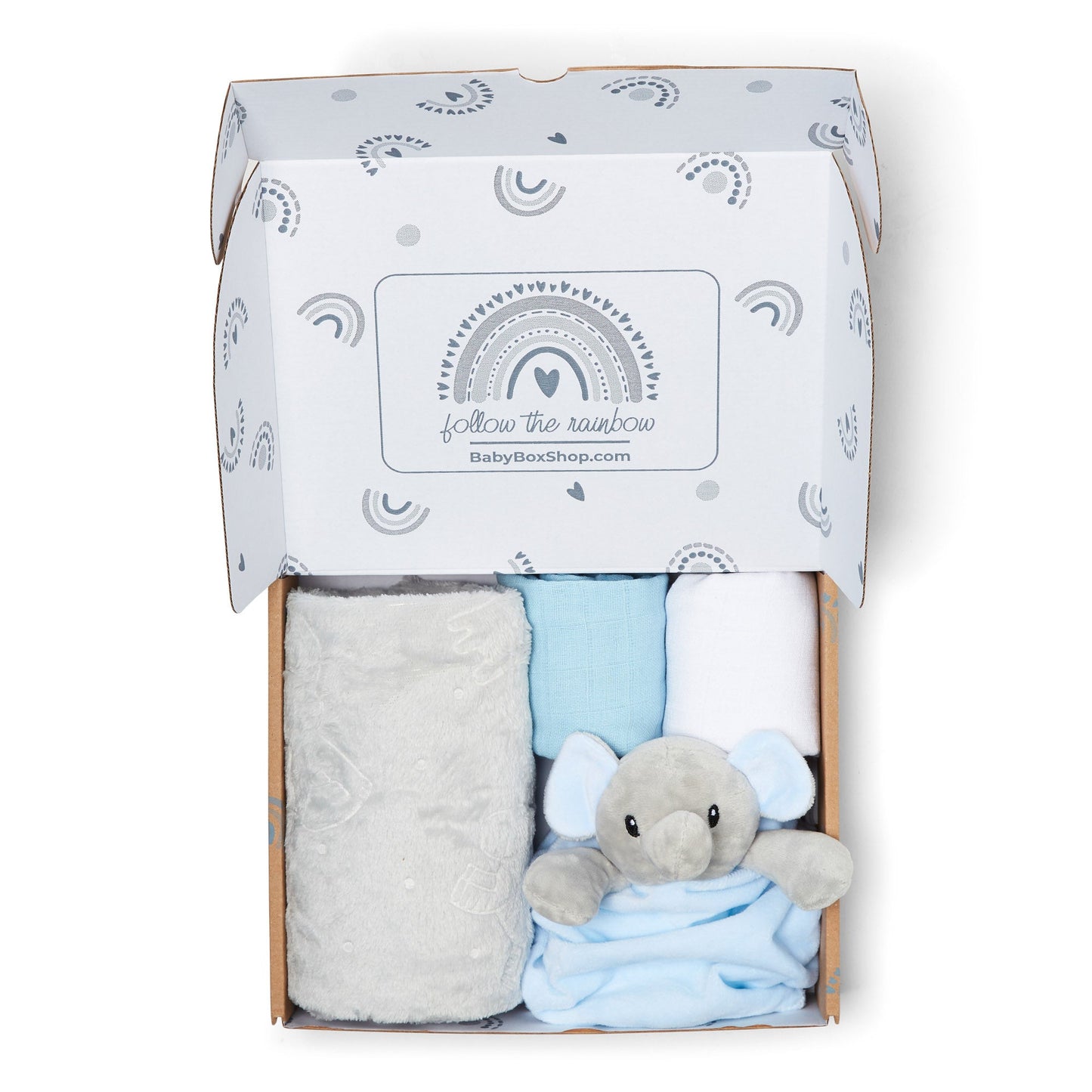 Baby Gift Set Includes Baby Shower Gifts Blue Elephant Comforter, Fleece Baby Blanket, 2 x Muslin Clothes & Gift Card Presented in a Lovely Custom Made Box