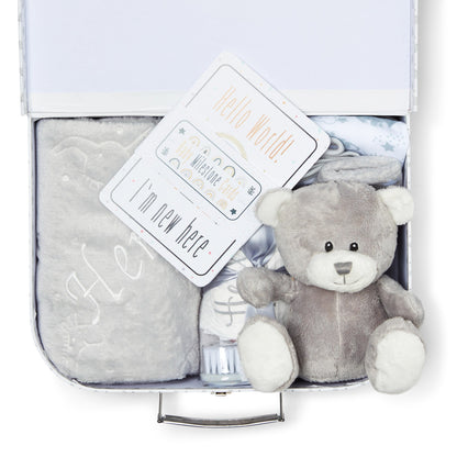 Personalised Baby Gifts - Unisex in Grey Keepsake Box includes Baby Essentials for Newborn, Teddy Bear, New Born Baby Essentials, New Baby Gifts