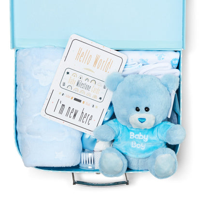 Baby Gifts for Boys - Baby Shower Gifts in Blue Hamper includes Baby Essentials for Newborn, Teddy Bear, Newborn Baby Boy Essentials & Baby Boy Gifts