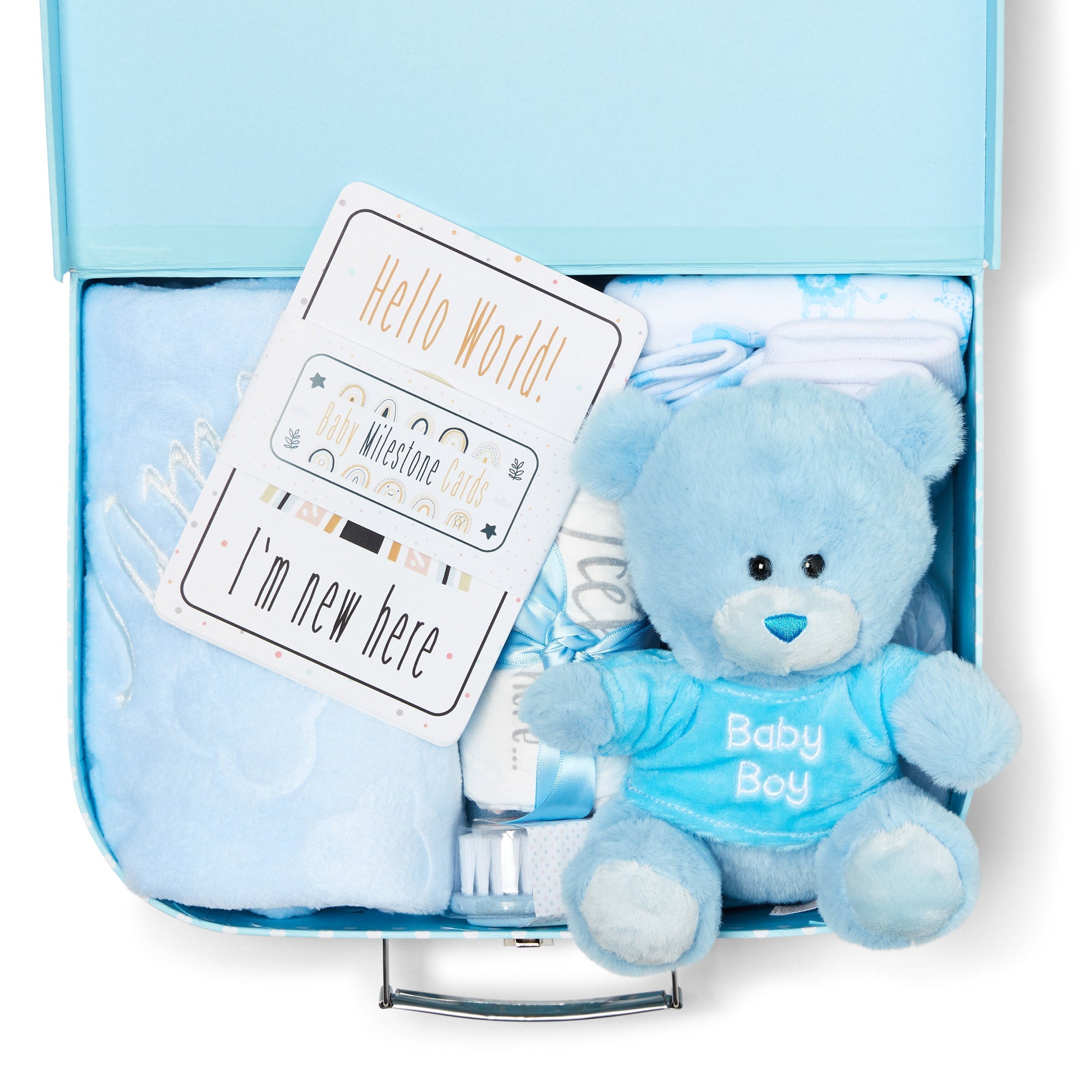 Personalised Baby Gifts - Baby Shower Gifts in Blue Hamper includes Baby Essentials Newborn, Teddy Bear, Newborn Baby Boy Essentials & Baby Boy Gifts