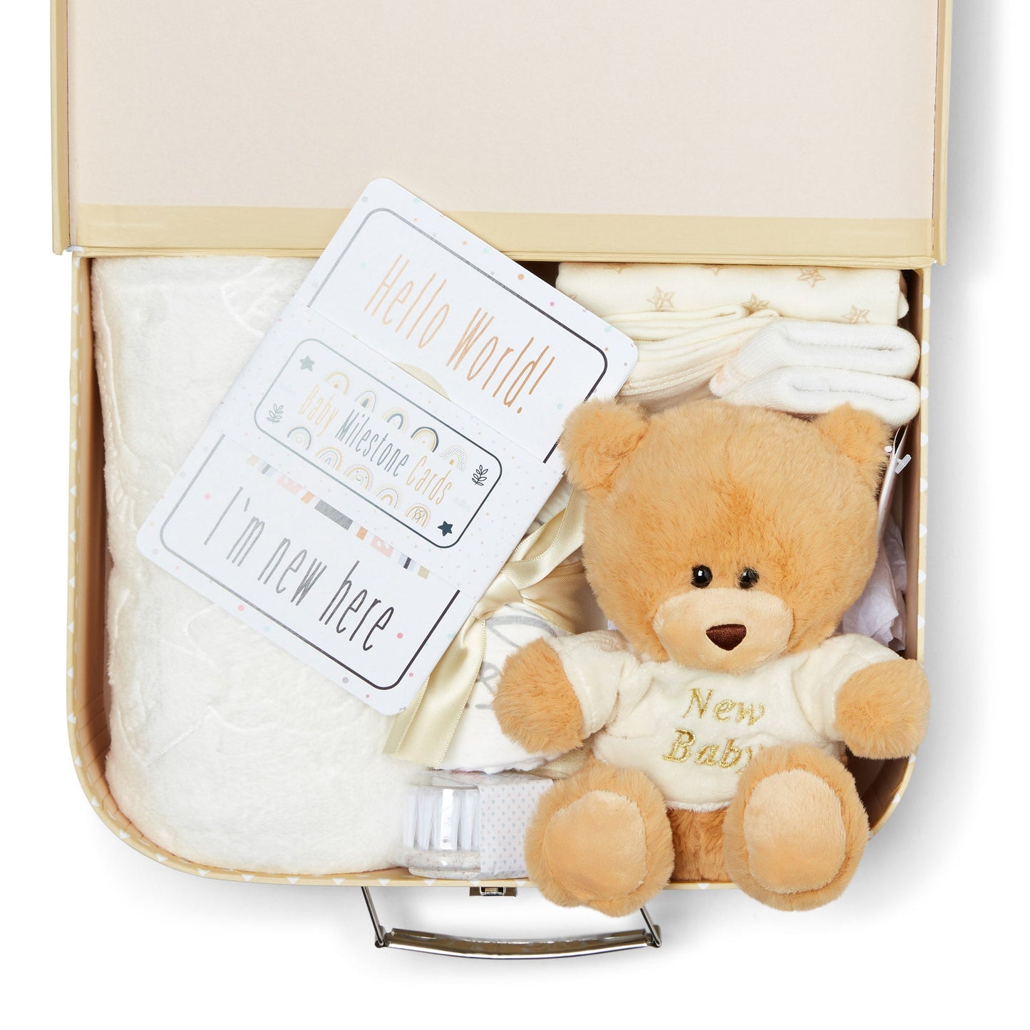 Unisex Baby Shower Gifts - Baby Gifts in Beige Keepsake Box includes Baby Essentials for Newborn, Teddy Bear, New Born Baby Essentials, New Baby Gifts