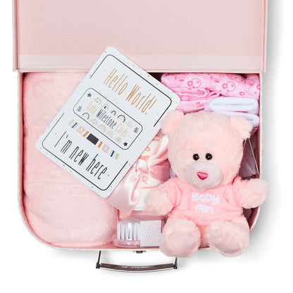 Baby Gifts for Girls - Baby Shower Gifts in Pink Hamper with Baby Essentials for Newborn, Teddy Bear, Newborn Baby Girl Essentials & Baby Girl Gifts