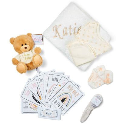 Personalised Baby Gifts - Unisex in Beige Keepsake Box includes Baby Essentials for Newborn, Teddy Bear, New Born Baby Essentials, New Baby Gifts