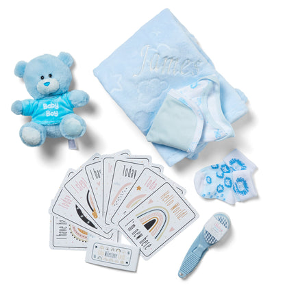 Personalised Baby Gifts - Baby Shower Gifts in Blue Hamper includes Baby Essentials Newborn, Teddy Bear, Newborn Baby Boy Essentials & Baby Boy Gifts