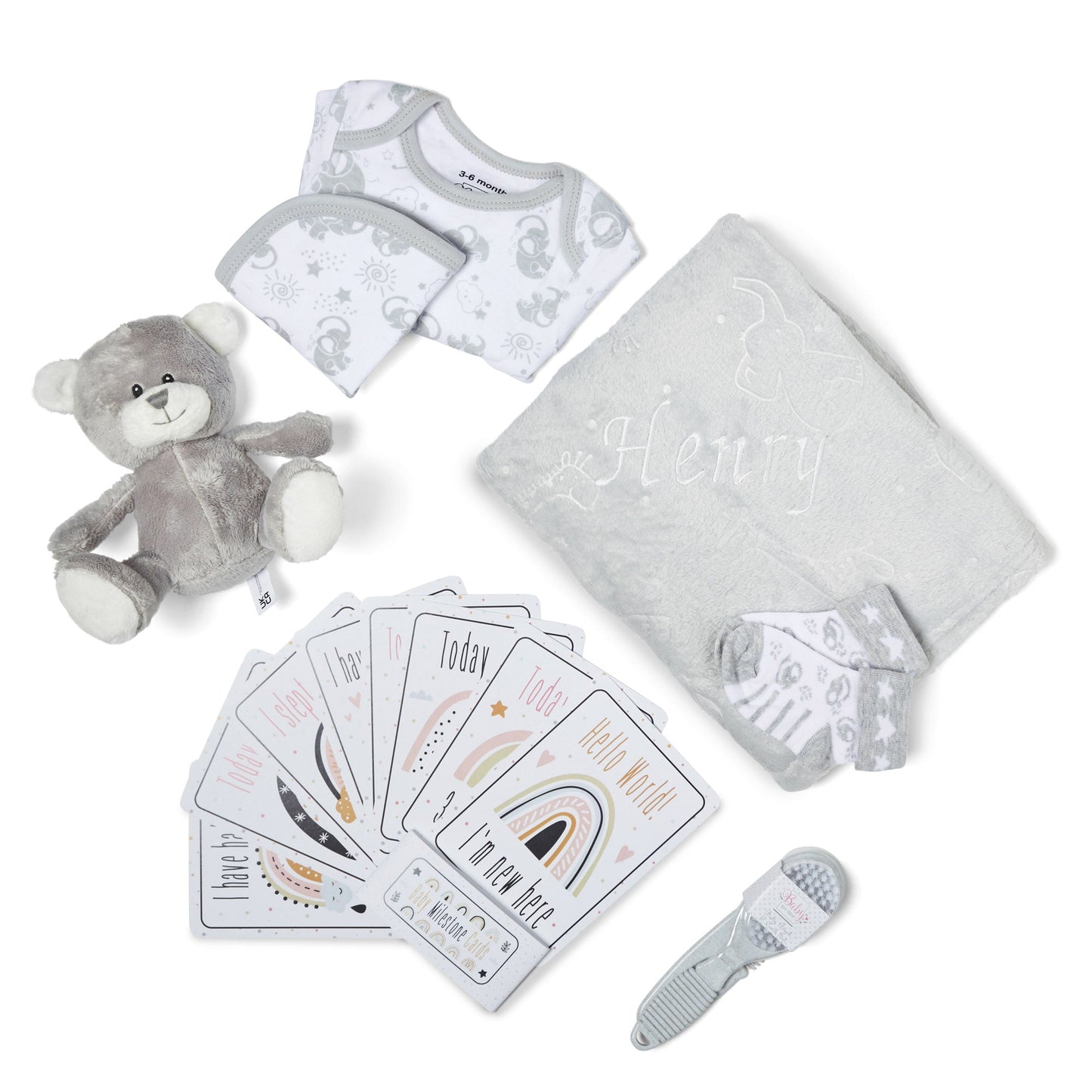 Personalised Baby Gifts - Unisex in Grey Keepsake Box includes Baby Essentials for Newborn, Teddy Bear, New Born Baby Essentials, New Baby Gifts