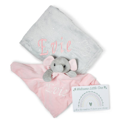 Personalised Baby Gift Set Includes Baby Shower Gifts with Personalised Comforter, Personalised Fleece Baby Blanket, 2 x Muslin Clothes & Gift Card - Pink